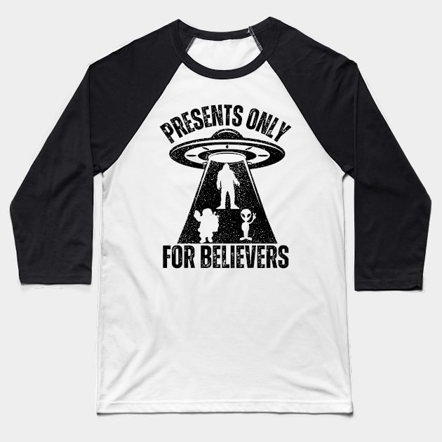 Funny Christmas Alien And Bigfoot Baseball T-Shirt by FullOnNostalgia
